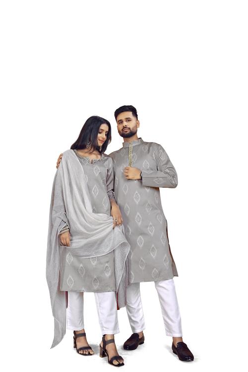 Zarkle Men And Women Silver Jacquard Silk Couple Butti Work Kurta Pajama & Kurti Pant With Dupatta Set (Men-Xl And Women-Xl)