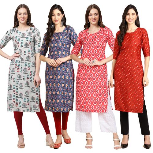 Ethnic Basket Women's Crepe Digital Print Straight Kurta {Pack Of 4} [S-340-358-346-370-XL]