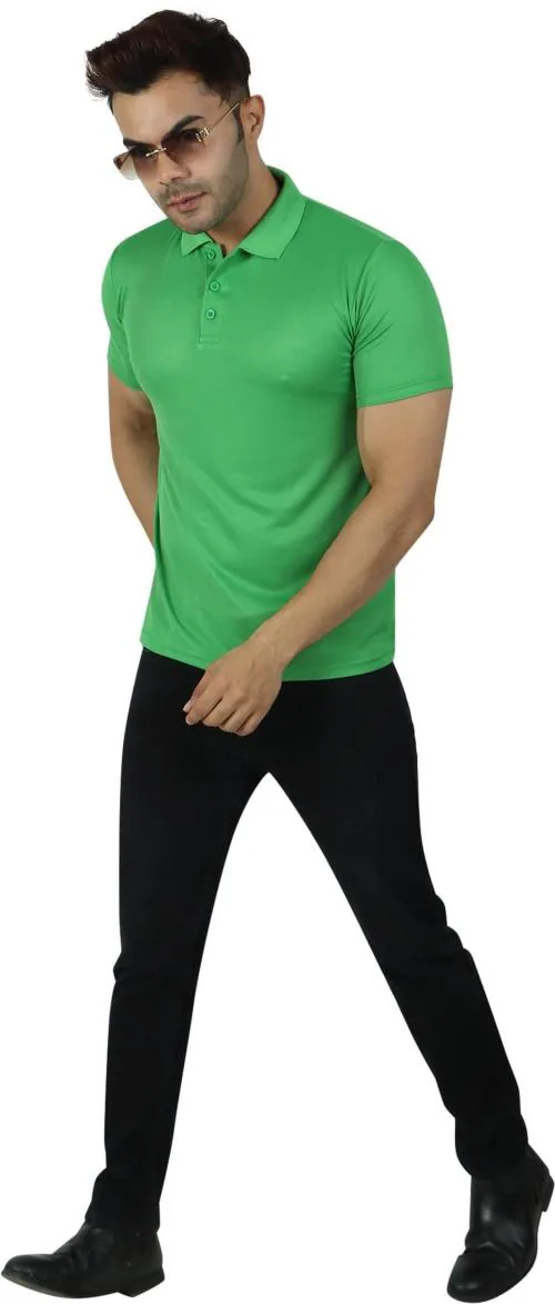 Dokchan Men Parrot Green Solid Cotton Blend Polo Neck Collar T-Shirt