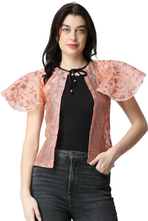 DGDNDY Women Light Pink Embroidered Lace Shrug (36)