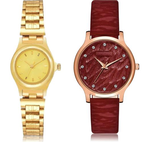 NEUTRON Contemporary 3D Design Chain And Girls Watch Gold And Red Colour Analog Metal And Genuine Leather Belt 2 Watch Combo For Women And Girls - GCPL32-GM333
