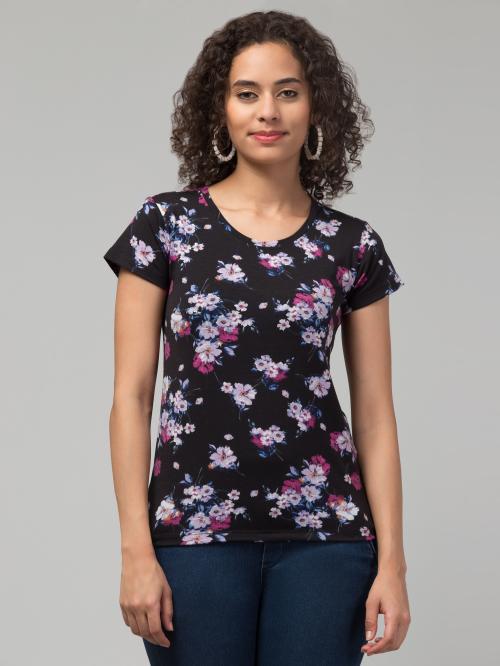 HIVE 91 Black Floral Tshirt for Women Viscos hoisery Fabric, Short Sleeve 24''