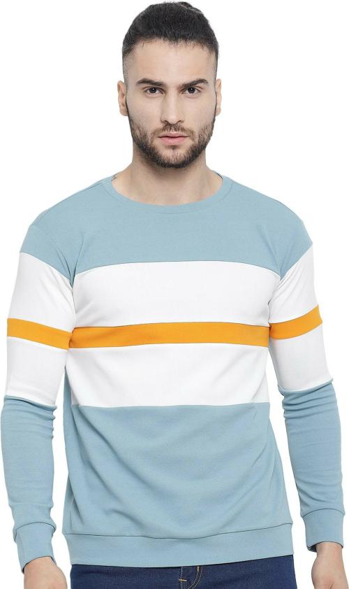 Rabby Men Light Blue Color Block, Striped Polycotton Sweatshirt (S)