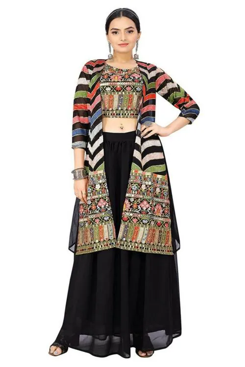 ROZLAND Women Black Georgette Floral Embroidery Readymade Lehenga Choli with Strug, S (Pack of 1)