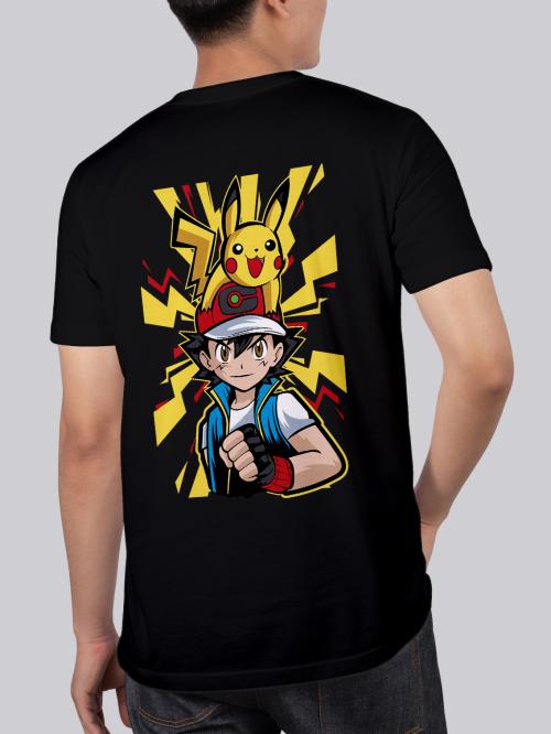 BLISSINK Pokemon Front And Back Printed Black Cotton Tshirt for Men