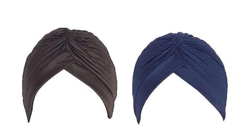 PlutoProm 2 Pieces Stretchy Turban Cap Chemo Head Wraps Bennie Twisted India's Hat for Women Girl Readymade Turban Head Wrap Lightweight Cap Headwear Sikh Pagri (Brown Navy Blue)