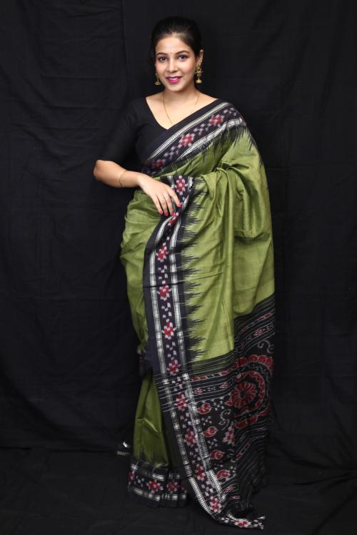 BigRayn Mehendi Black Odisha Handloom Rekha Pasapali Cotton Saree-Odisha Weaves