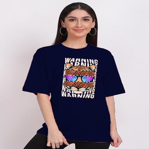 PERFECT PRODUCTIONS Warning Print Oversized Navy Blue T-shirt For Women