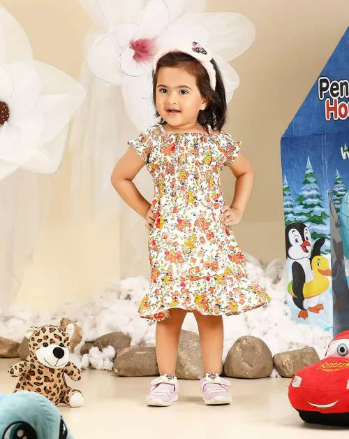 HALFSAREE STUDIO White Floral Printed Cotton Frock For Kids Girls