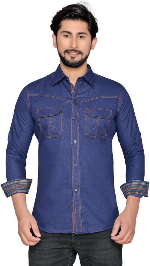 PP SHIRTS Men Blue Solid Polycotton Casual Shirt (M)