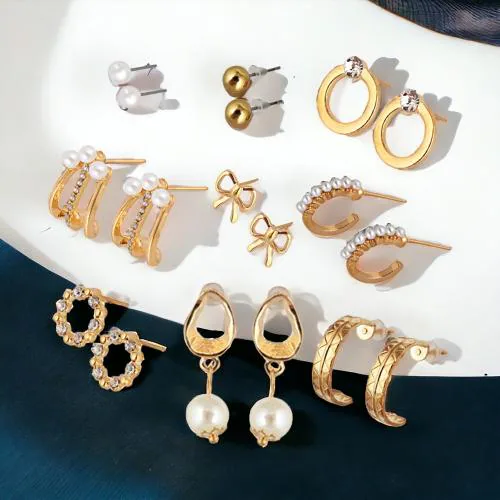 LUCKY JEWELLERY Fashion 9 Pairs Combo Set Of Latest Earrings Pearl and Stone Studs Bow Design Tops Earing Gold Plated Drop Cuff Earing C Shaped Semi Hoops Earring for Women & Girls (195-CHEX-1013-9)