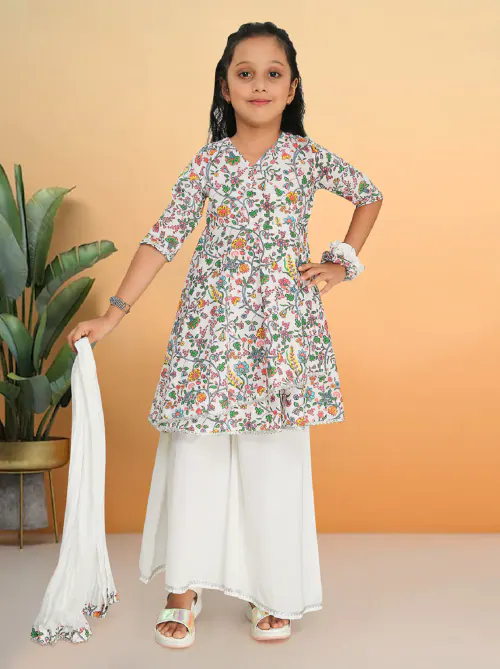 Nino Bambino 100% Organic Cotton Printed Angrakha Kurti With Plazo For Kids Girls - Multicolor (10-12 Years)