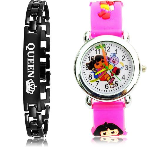 GROOT Classical Heart Queen Bracelet And Dora The Explorer Kids Black And Pink Colour 0 And Analog Metal And Plastic Belt 2 Watch Combo For Women And Girls - GX13-GC195
