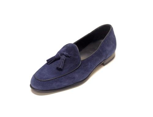 Wolven Handmade Men's Navy Real Suede Leather Slip-on Tassel Loafers with Black Sheet Sole