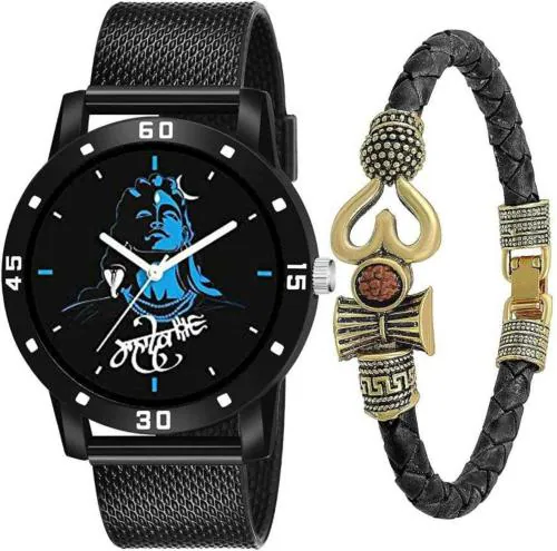 HENCY STYLISH Blue Mahadev Dial With Black Color Mahadev Bracelet Combo For Men And Boys (Pack of 2)