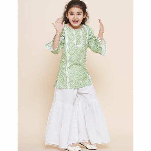 KidsFlower Girls Rayon Printed Straight Kurta and Sharara set | Colour-Light-Green | Size - 2-3Y