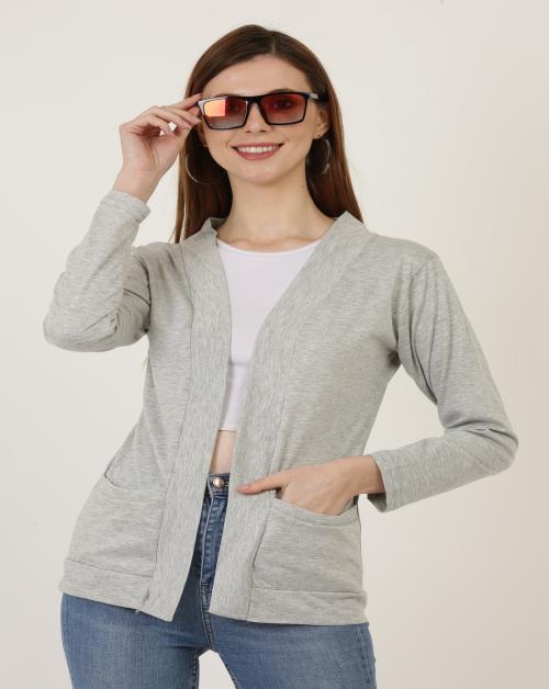 DDASPRATION Women Cotton Blend Pocket Shrug | Women Jacket Style Full Sleeve Multicolor Shrug | Light Grey Color | M Size