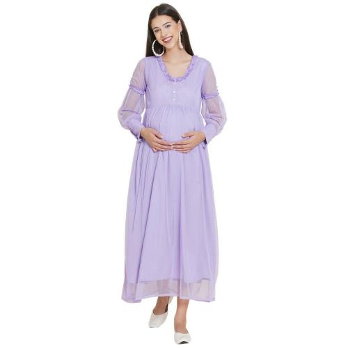 Mine4Nine Lavender Solid Print Net Fit And Flare Women's Maternity Dress