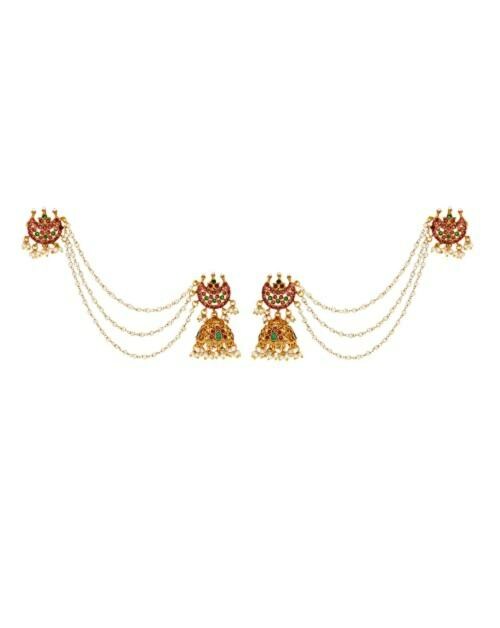 Ishhaara Gold Wedding Jhumka Earrings Beautiful Kempu Moon Jhumka With Ear Chain For Women And Girls ISH-TJ15