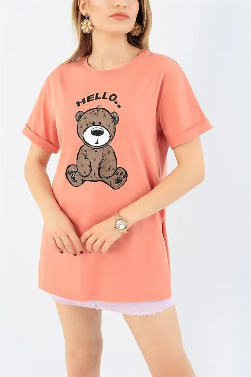 Popster Peach Printed Cotton Round Neck Regular Fit Half Sleeve Womens T-Shirt l women tshirt l tshirt for women
