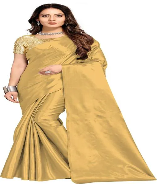 Aruna Sarees Solid/Plain Bollywood Satin Saree (Brown)