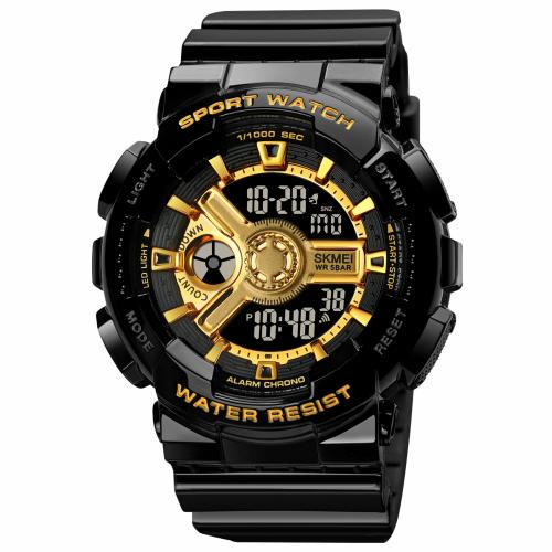 SKMEI Men's Digital Sports Watch, LED Square Large Face Analog Quartz Wrist Watch with Multi-Time Zone Waterproof Stopwatch - 1828