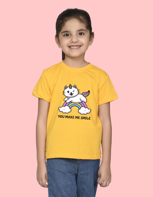 NUSYL Girls Half Sleeves Yellow Cat printed T-shirt
