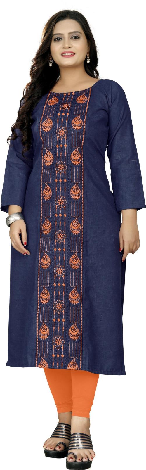 SKY CLOUD Women Blue Embroidered Cotton Blend Straight Kurta (Xl)