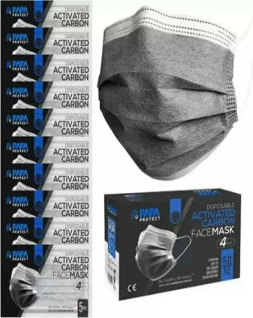 Papa Protect 4PLY Activated Carbon 4ply Charcoal Face Mask Pack of 50 Surgical Mask With Melt Blown Fabric Layer