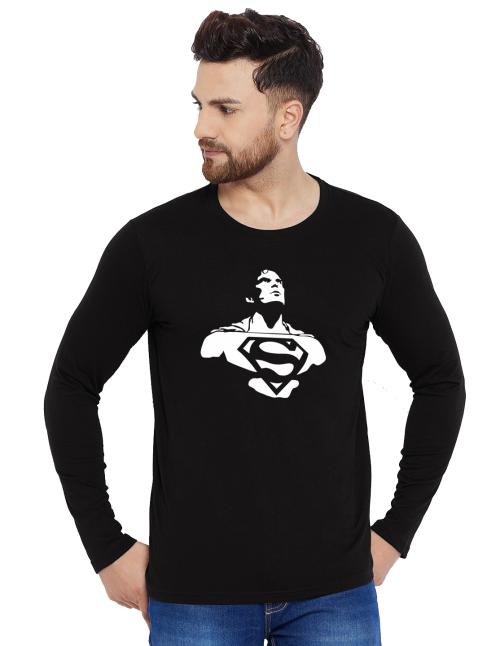 Organic Chics Superman Printed Black Round Neck Full Sleeve Cotton Regular Fit Men Tshirt - (XL)