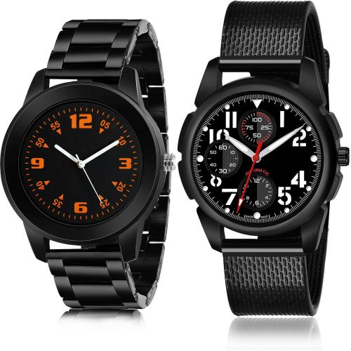 TIMENTER Contemporary Diwali Chain Watch Black Colour Analog Stainless Steel And Plastic Belt 2 Watch Combo For Boys And Men - B863-(51-S-10)