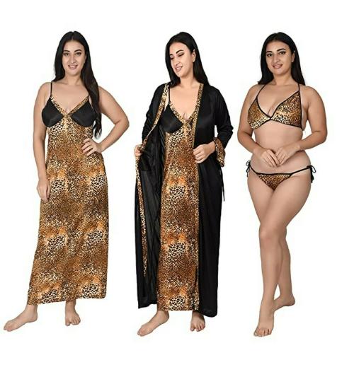 GWACHI Women Gold Animal Print Satin Pack of 4 Nighty With Lingerie Set