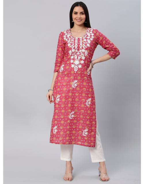 Shubhisha Fashion Women's Pink Cotton Blend Chikankari Work Embroidery Straight Kurti