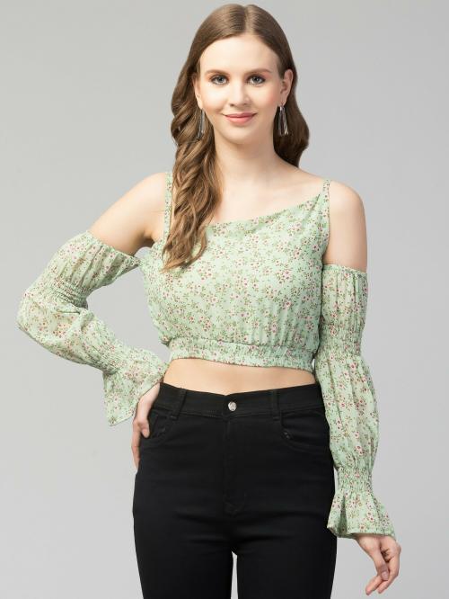 Bitsy Owl Women Green Floral Print Georgette Crop Top|TOPS|WOMEN TOPS|GIRLS TOP|WESTERN WEAR|WOMEN