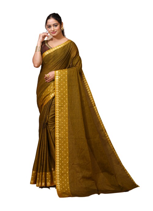 Esena Textiles Women's 100% Pure Cotton Mul Mul Saree Self Design Woven Golden Border (Olive)