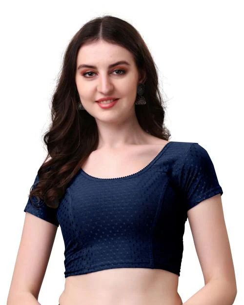 THE DECOR TEX Round Neck Women Short Sleeve Blouse (40, Navy Balue)