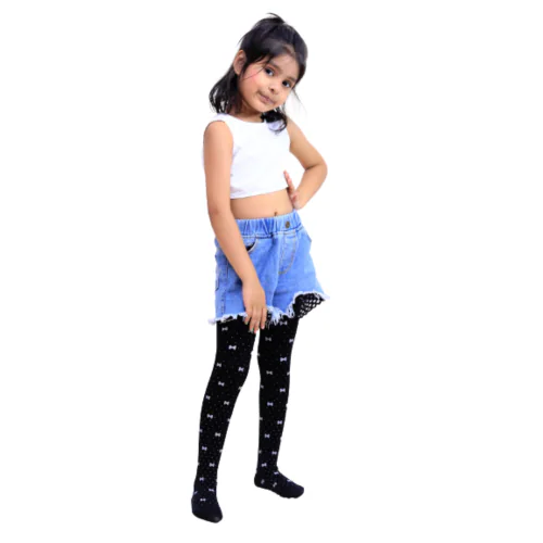 NEXT2SKIN Girl's Spandex High Denier Pantyhose Stockings with Super Stretch Waistband(Bow Pattern, Black, M - 7-10 Years)