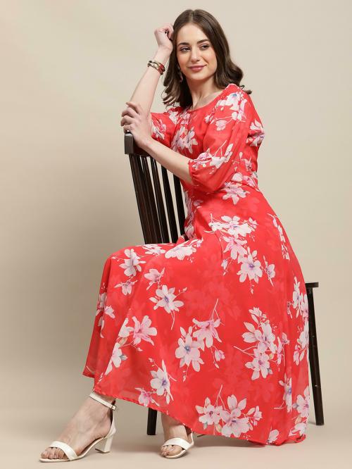 Fabflee Women Red Printed Chiffon A - Line Maxi Dress| Dresses| Women Dress| Party Dress| Maxi| Western Dress| Printed Gown| midi dresses| Dress for Women| Maxi Dress for women