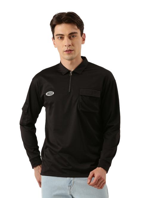 Maniac Mens Solid Polo Neck Full Sleeve Solid Black Polyester Oversized Tshirt