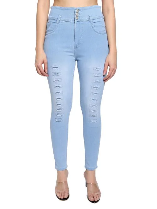 HOVAC Light Blue Three Butoon Damage Design Women Denim Jeans