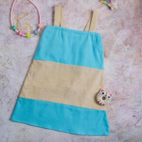 Vuja De Kids Girls Blue, Beige Corduroy Dress Frock For Winter Wear