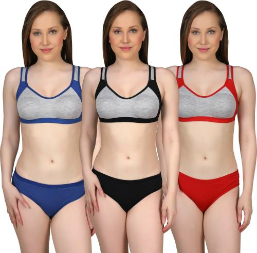 Lady One Women Multicolor Cotton Blend Set Of 3 Bra And Panty (32B)