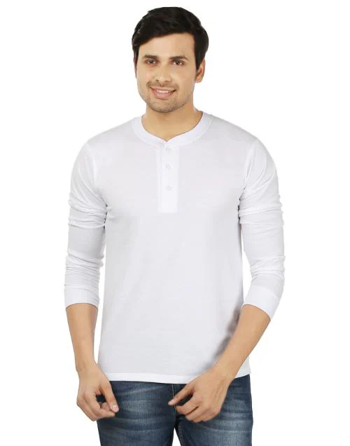 Weardo Men's Plain White Henley Neck Full Sleeves T-Shirt In L Size