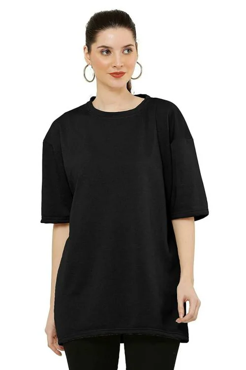 NOTWILD Women Black Solid Cotton T-Shirt (Medium)