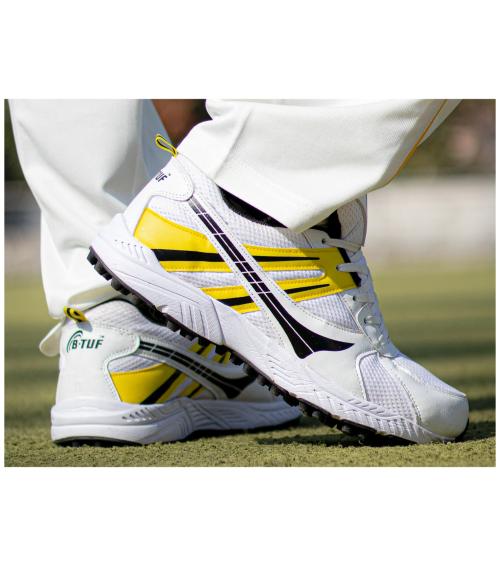 B-TUF Cruze Cricket Shoes Stud Rubber Spikes Sports Shoes for Men Women Boys Girls (White/Yellow) Size India/UK 10