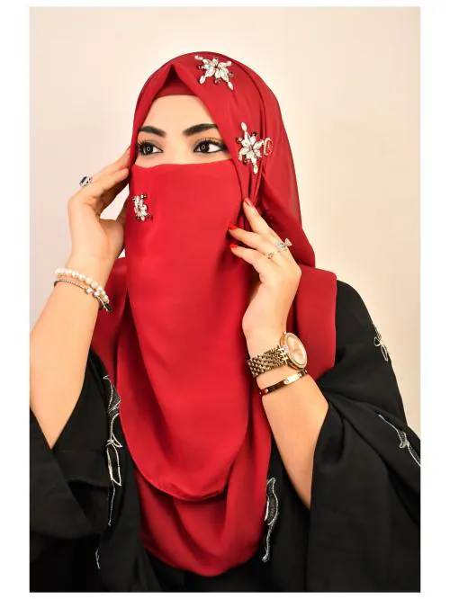 WRAP MY HIJAB Maroon Luxury Bridal Wedding Wear Hijab Scarf With Stonework