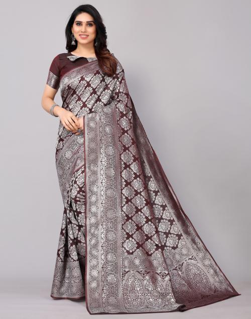 Siril Poly Silk Silver & Brown Color Poly Silk Saree with Blouse piece | sarees for Women| saree | sarees