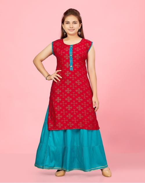 Aarika Girls Rani Colour Cotton Printed Kurti