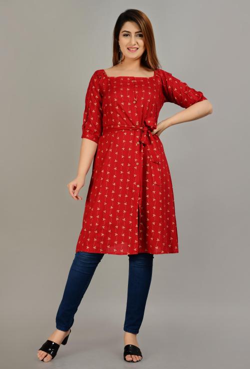 Manojava Women Maroon Printed Viscose Rayon A-Line Dress (L)