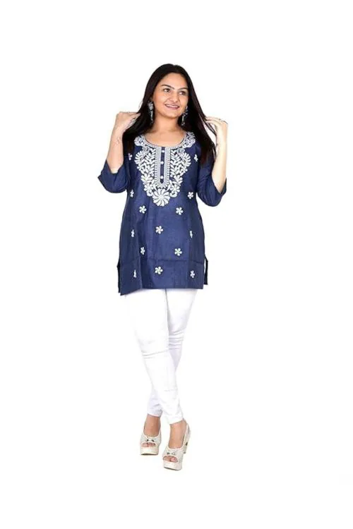 ROMJ Short Kurta for Women - Lakhnavi Chikankari Embroidered Ladies Kurti, Stylish Girls Top, Ethnic Half Kurtas, Tunic Design Woman Kurtis (Colour - Blue) (Size - L)